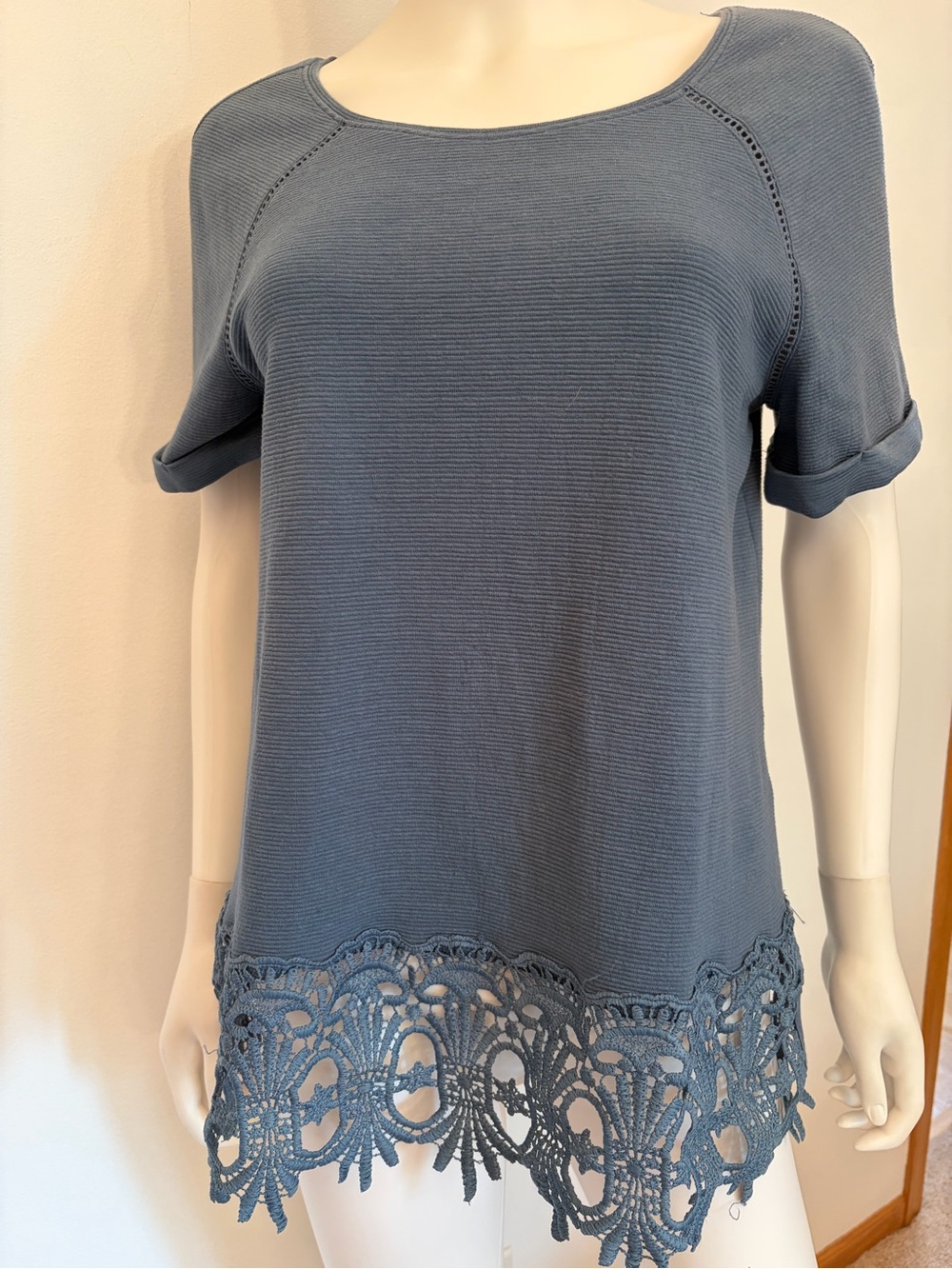 #760 Anthropologie Saturday-Sunday Slate Blue Short Sleeve  W/Crochet Hem